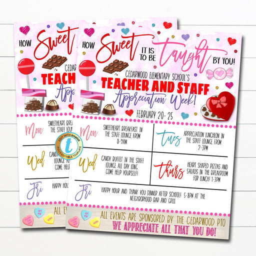 Valentine's Day Teacher Appreciation Week Itinerary Flyer Sweet Theme Appreciation Week Schedule Events, Printable DIY Self-Editing Template