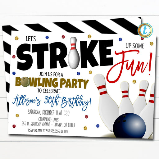 Bowling Party Invitation, Adult Birthday Invite, Strike Up Some Fun Party, Let's Get this Party Rolling, Work Party DIY Editable Template