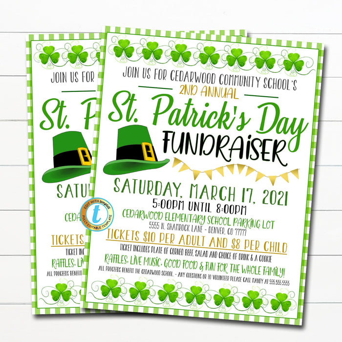 St. Patricks Day Fundraiser Flyer, Shamrock Rainbow Spring Event, Catholic Church Charity Community School Pto Pta, Benefit Flyer, Editable