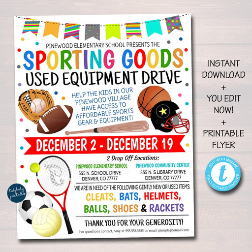 Sporting Goods Equipment Drive Fundraiser Flyer, Sports Team Printable, Business Church Nonprofit School PTO PTA Event, Editable Template