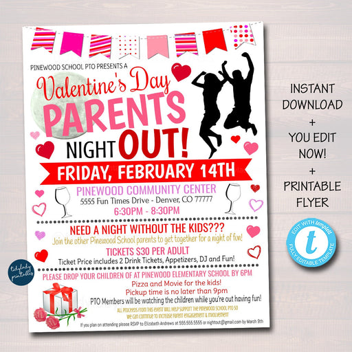 EDITABLE Valentine's Day Parents Night Out Flyer, Printable PTA, PTO, School Family Fundraiser Event, Community Center Church Digital Invite