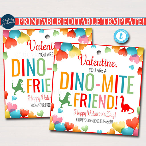 Valentines Dinosaur Gift Tags, you're a dino-mite friend, Classroom Boy Birthday Non Candy Party Favor, Valentine Teacher Editable Template