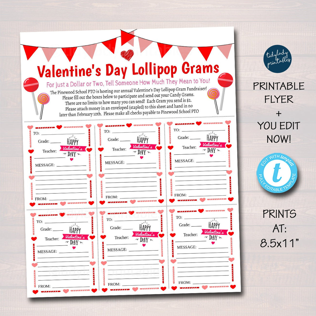 Editable Valentine's Day Lollipop Candy Gram Flyer — TidyLady Printables for Free Printable Valentine Candy Gram Template