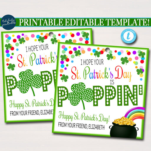 St. Patrick's Day Pop It Gift Tags, Pop-It Gift Labels Shamrock Pop Its Teacher Classroom Tags, Rainbow Kids Toy Non Candy EDITABLE TEMPLATE