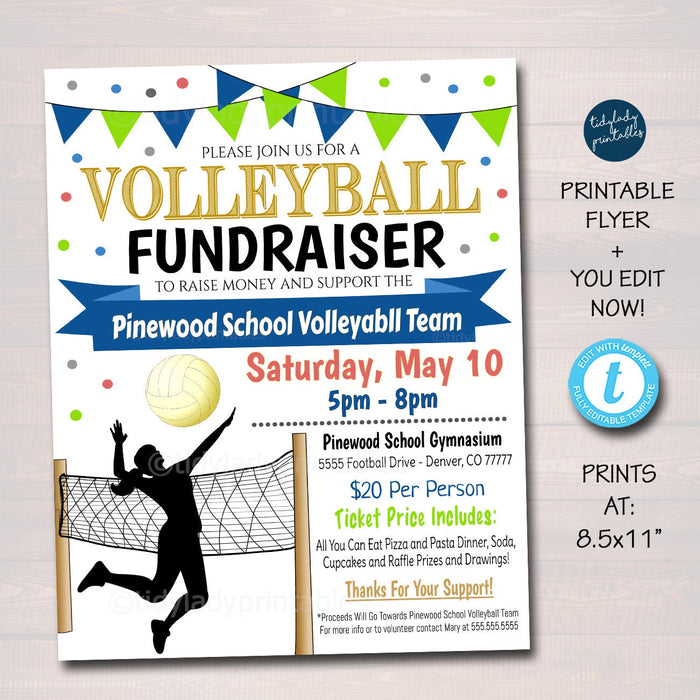 EDITABLE Volleyball Fundraiser Flyer, Printable PTA PTO Flyer, School Benefit Fundraiser Event Poster Digital, Volleyball Party Invitation