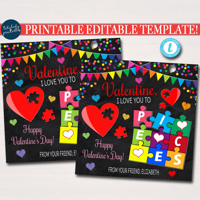 Valentine Puzzle Gift Tags, Jigsaw Gift Labels Valentine's Day Teacher Classroom Tags Rainbow Kids Toy, Love You to Pieces EDITABLE TEMPLATE