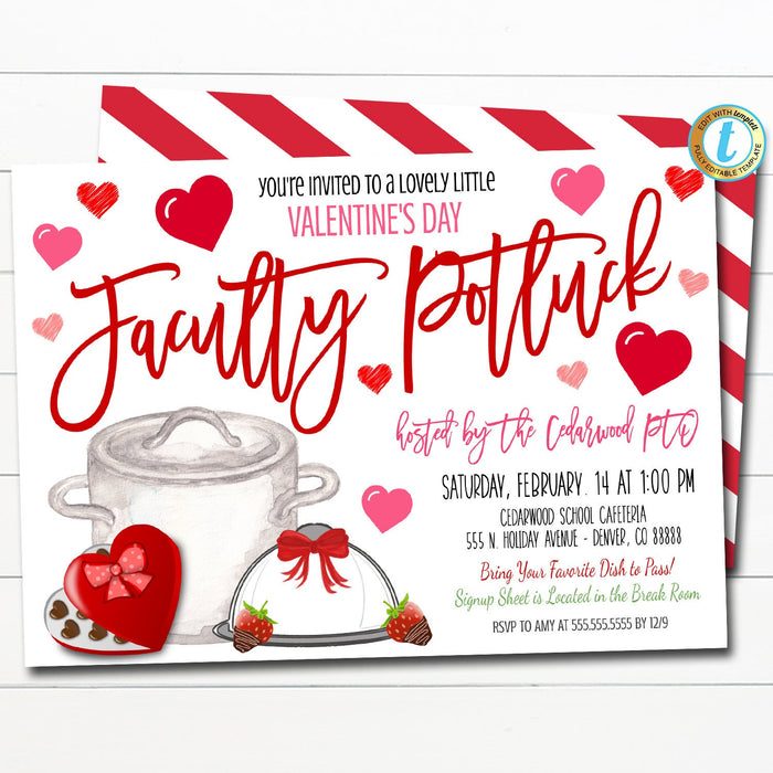Valentine's Day Faculty Potluck Invitation, Valentine Event Invite, School Teacher Staff, Company Work Party Printable DIY EDITABLE TEMPLATE