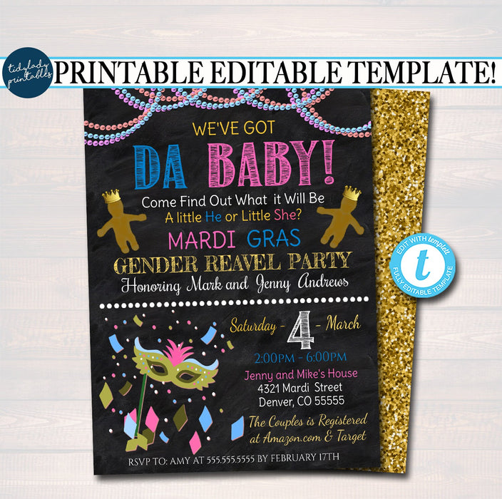 EDITABLE Mardi Gras Gender Reveal Party Invitation, Team Pink Team Blue Invite Baby Shower Sprinkle King or Queen New Orleans, TEMPLATE