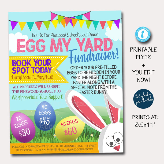 Easter Egg My Yard Fundraiser Flyer, Printable Invite Spring Egg Hunt, School pto pta Church Community Kids Easter Bunny, EDITABLE TEMPLATE