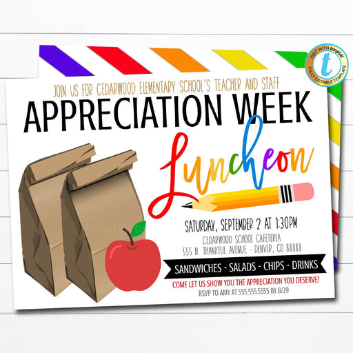 Teacher Staff Appreciation Luncheon Invitation, Breakfast Social Printable PTA PTO Flyer Invite School Fundraiser, Thank you Lunch Template