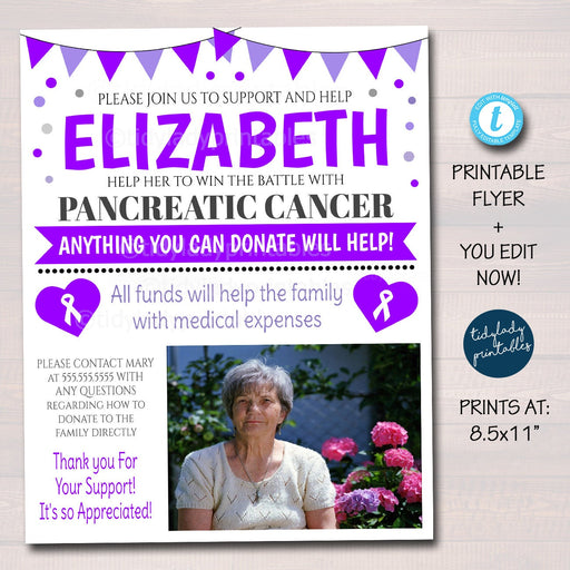 Pancreatic Cancer Benefit Fundraiser Flyer, Printable Purple Charity Church Donations Benefit Event Poster Pancreas Cancer EDITABLE TEMPLATE