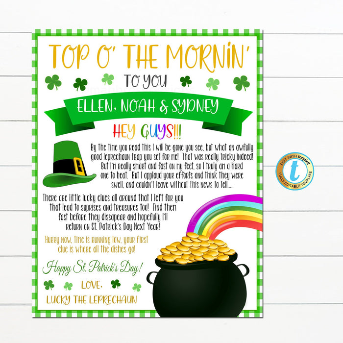 St. Patrick's Day Letter From The Leprechaun, Kids St Patty's Day Note, Lucky Adventure Treat, DIY Editable Template