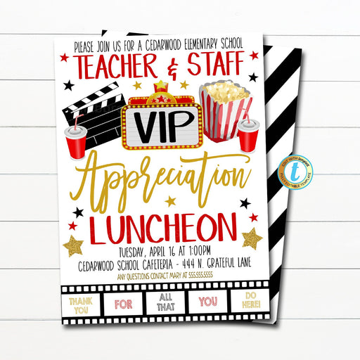 Hollywood Teacher Appreciation Week Luncheon Invite, Movie Theme You're A Star, Appreciation Invitation Party Printable EDITABLE TEMPLATE
