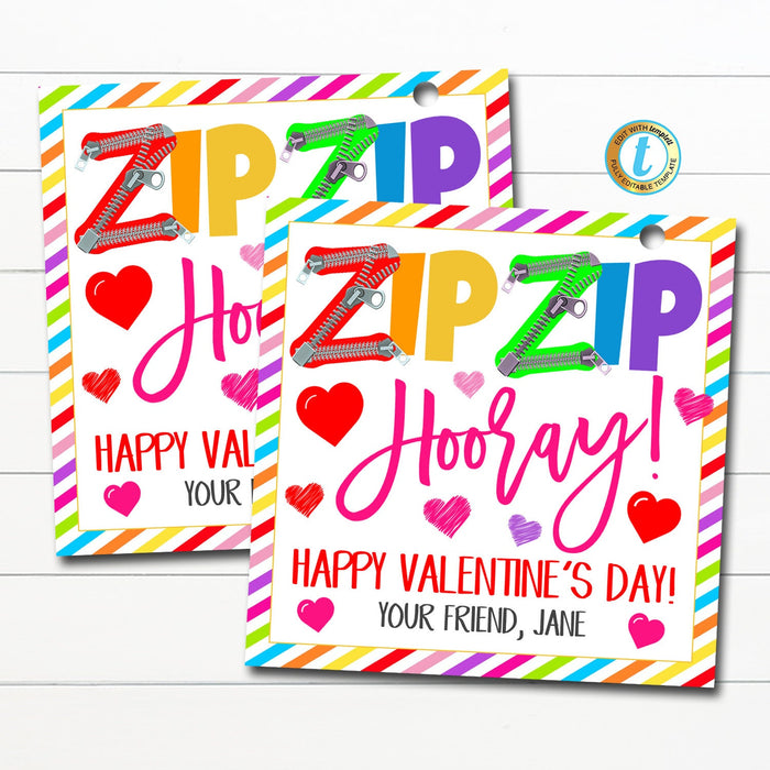 Valentine Zipper Gift Tags, Zip Zip Hooray, Toy Non Candy Valentine Tag, Classroom School Pto Pta Teacher Kids Valentine, Editable Template