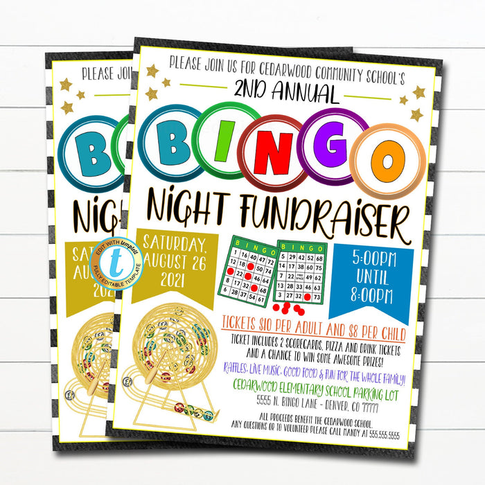 Bingo Night Flyer Fundraiser Community Event Invitation Church Company Invite Family School PTA PTO Printable Template Editable Digital