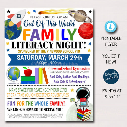 Family Literacy Night Flyer, Printable PTA PTO Flyer, School Church Fundraiser, Children's Reading Book Sale Event Poster, Editable Template