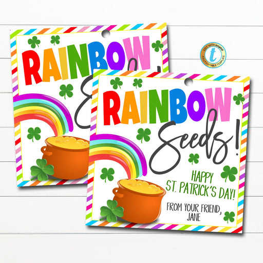 St. Patrick's Day Gift Tags, Rainbow Seeds Candy Kids Friend Classroom Teacher Gift, Shamrock Rainbow Party Favor, DIY Editable Template