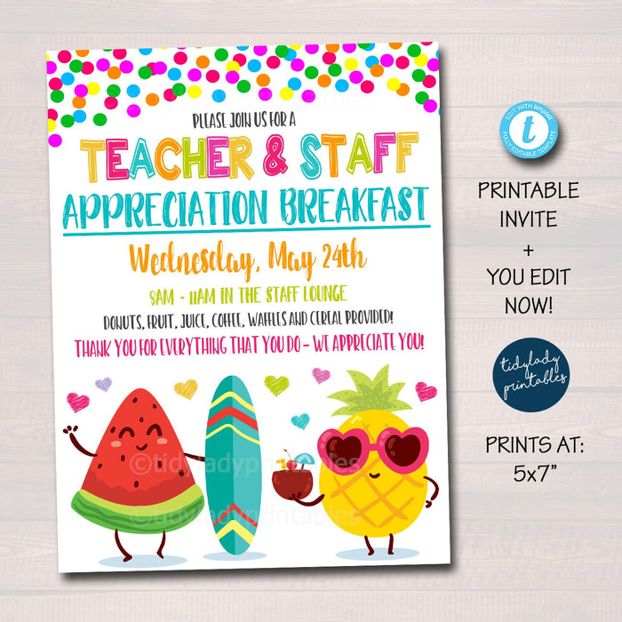 Tropical Luau Fruit Theme Teacher Appreciation Week Party Set, EDITABLE TEMPLATES