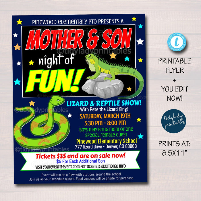EDITABLE Mother Son School Date Night, Lizard Reptile Shower Fundraiser Flyer, Church Community Event School pto pta Idea, INSTANT DOWNLOAD