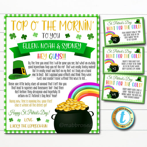 St. Patrick's Day Scavenger Hunt Game, Printable Clue Cards, Kids Treasure Hunt Activity, Letter From The Leprechaun, DIY Editable Template