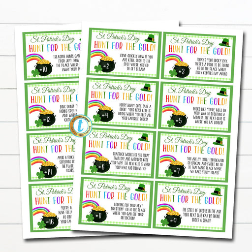 St. Patrick's Day Scavenger Hunt Game, Printable Clue Cards, Kids Treasure Hunt Activity, Indoor Leprechaun Games, DIY Editable Template