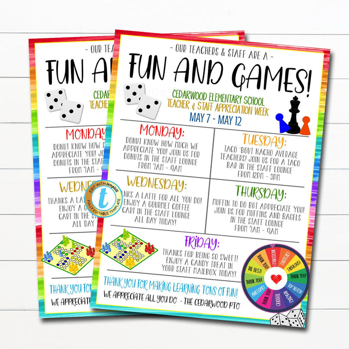 Teacher Appreciation Week Itinerary, Thanks for Making Learning Fun and Board Games Theme, Schedule Events Printable, DIY EDITABLE TEMPLATE