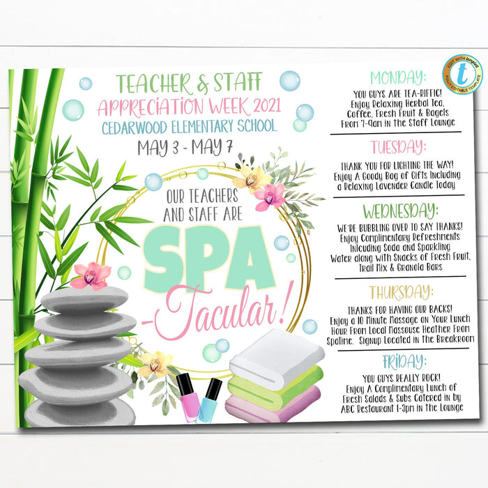 Spa Theme Teacher Appreciation Week Itinerary Poster Digital Week Schedule Events, INSTANT DOWNLOAD School pto pta Fundraiser Printables