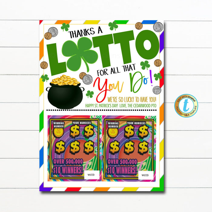 St. Patrick's Day Appreciation Gift Card Holder, Thanks a lotto for all you do, Teacher Nurse Staff, Lottery Scratch Off Editable Template