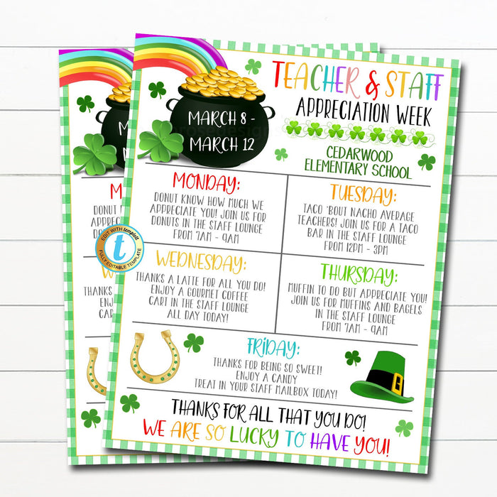 St. Patrick's Day Teacher Appreciation Week Itinerary, Lucky To Have You Rainbow March Theme Schedule Events Printable EDITABLE TEMPLATE