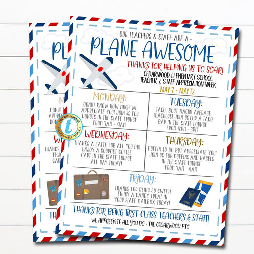 Travel Theme Teacher Appreciation Week Itinerary Plane to See You're The Best in the World Theme Schedule Events Printable EDITABLE TEMPLATE