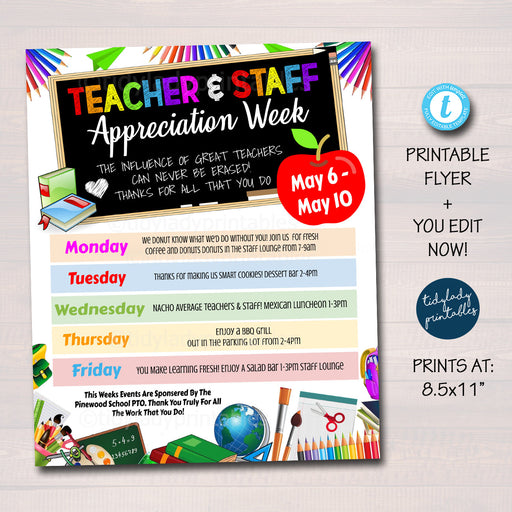 Editable Teacher Appreciation Staff Invitation Family Newsletter, Printable Appreciation Week of Events, Take Home Flyer, INSTANT DOWNLOAD