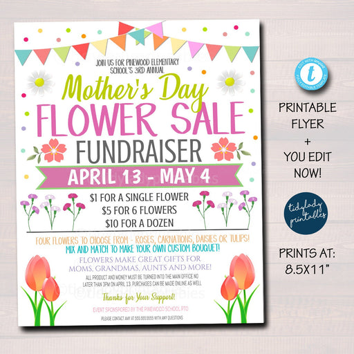 Mother's Day Flower Fundraiser Flyer, Roses Carnation Printable Invite Community Event Church School Pto Pta, Fundraiser Invitation TEMPLATE