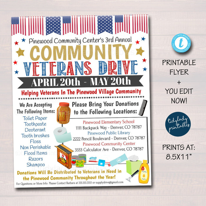 American Veterans Donations Drive Flyer,  Military Soldiers Heros Toiletries Food Drive, Church Community Benefit Charity, EDITABLE TEMPLATE