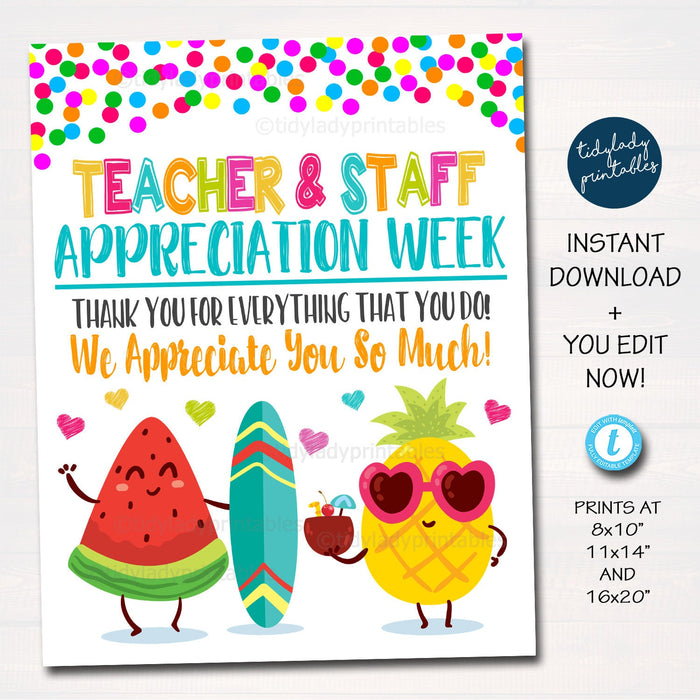 Teacher Appreciation Staff Sign, Thank You Printable, Welcome Appreciation Week, Tropical Breakfast Fruit Party Decor, EDITABLE TEMPLATE
