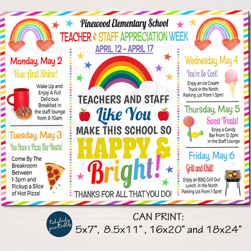 EDITABLE Teacher Appreciation Week Itinerary, Make This School So Bright & Happy Rainbow Watercolor Theme Schedule Events Printable TEMPLATE