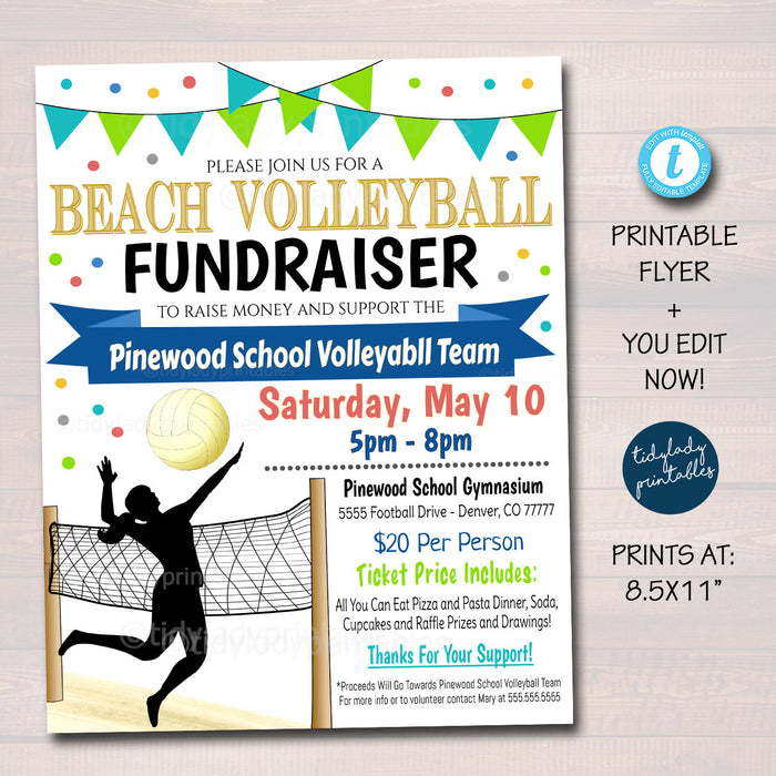 EDITABLE Beach Sand Volleyball Fundraiser Flyer, Printable School pto pta Invite, School Benefit Fundraiser Party Event Poster, DIY TEMPLATE