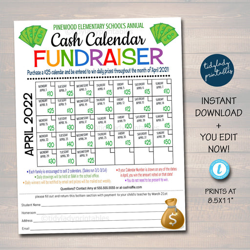 Cash Calendar Fundraiser Flyer, Printable Handout Take Home Fundraiser Event Sheet, Church Nonprofit School PTO PTA Event, Editable Template