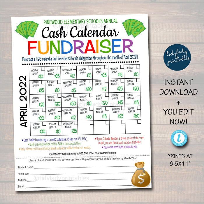 Cash Calendar Fundraiser Flyer TidyLady Printables