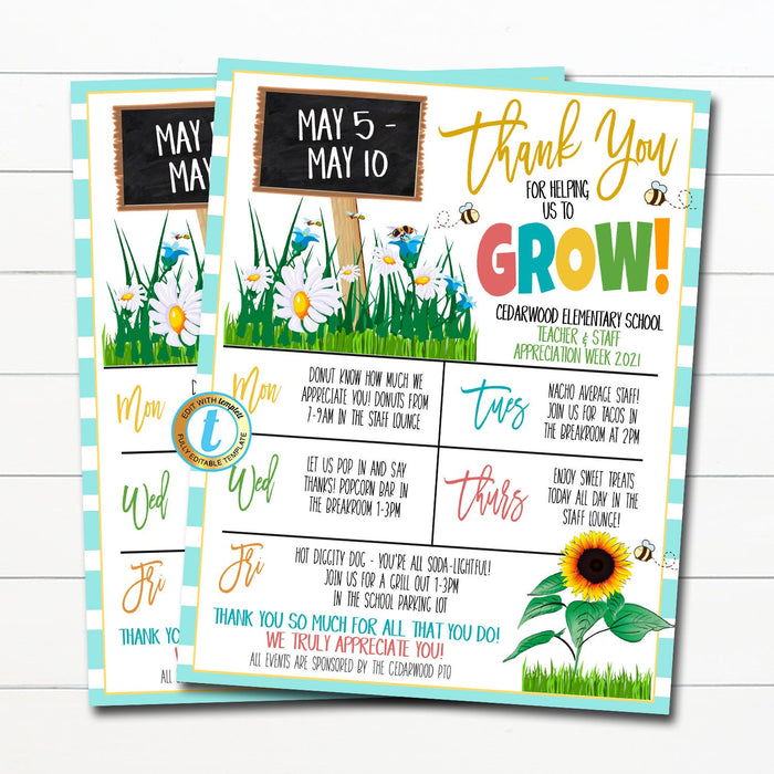 Printable Editable Floral Grow Bloom Theme Teacher and Staff Appreciation Itinerary Flyer Poster Schedule Events, Spring Garden Theme Invite