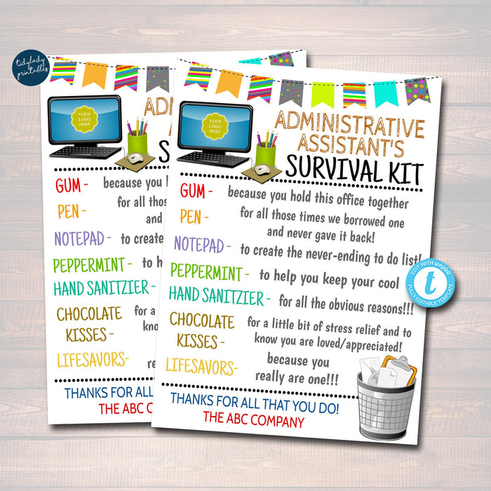 Administrative Assistant Survival Kit Gift Tags, Administrative Professional's Day, Admin HR Gifts Secretaries Day Digital Editable Template