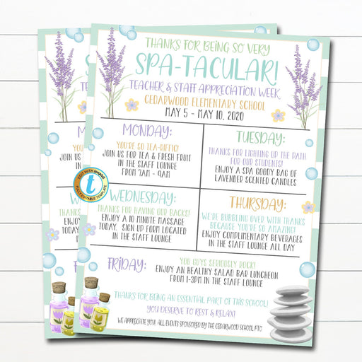 Spa Teacher and Staff Appreciation Week, Itinerary Poster, Calm Zen Relax Theme, Schedule Events, EDITABLE Template, Instant Download DIY
