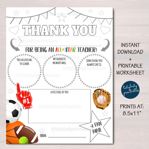 Sports All STar Teacher Appreciation Staff Printable, Fan Mail Student Appreciation Week Worksheet, Take Home Coloring Page INSTANT DOWNLOAD