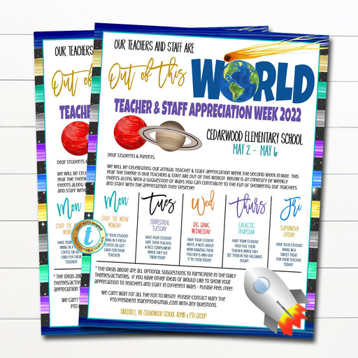 Outer Space Teacher Appreciation Week Itinerary, You're Out of This World, Student Family Take Home Schedule Newsletter, EDITABLE TEMPLATE