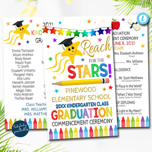 Graduation Ceremony Program Template Kindergarten Preschool Pre-k, Any Grade Elementary School, Reach for the Stars Theme, EDITABLE TEMPLATE