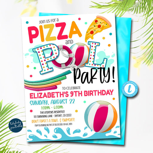 Pizza and Pool Party Invitation, End of School Party, Printable Invite Back to School, Summer Kids Girls Pool Birthday, EDITABLE TEMPLATE