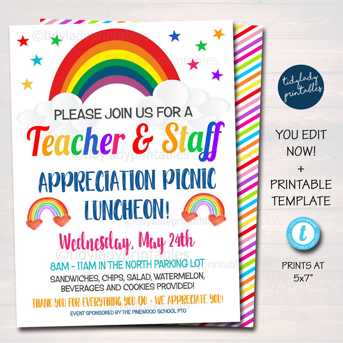 Rainbow Teacher Appreciation Staff Invitation, Thank You Printable, Appreciation Week Invite, Breakfast Luncheon Flyer, EDITABLE TEMPLATE