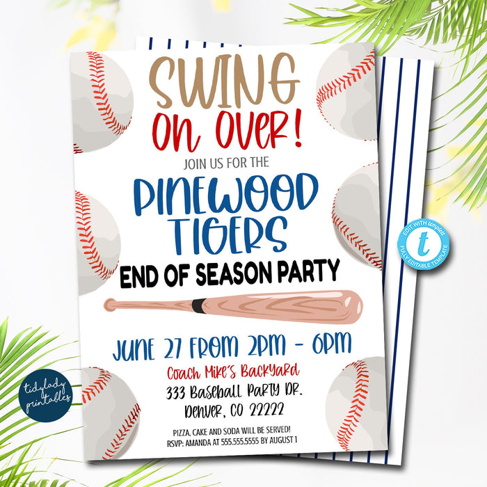 Baseball Invitation, End of Season, Swing on Over, Editable baseball team party, Boy Sports digital Invitation, Printable, DIY TEMPLATE