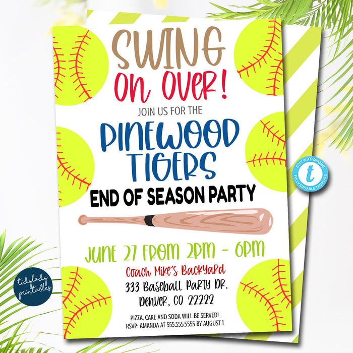 Softball Invitation, End of Season, Swing on Over, Editable softball team party, Girl Sports digital Invitation, Printable, DIY TEMPLATE