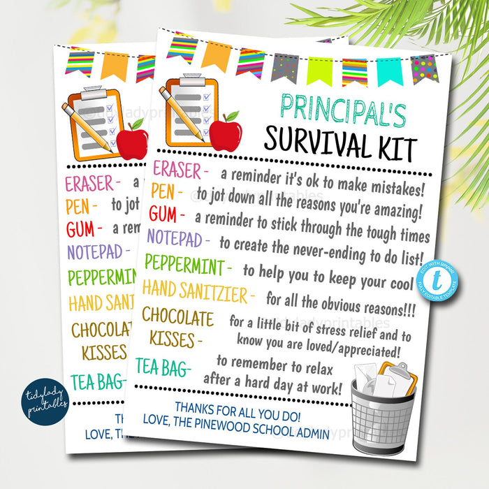 EDITABLE School Principal Survival Kit Printable, Back to School Gift, Pta Pto, Principal Appreciation Day, Thank You Gift Idea TEMPLATE