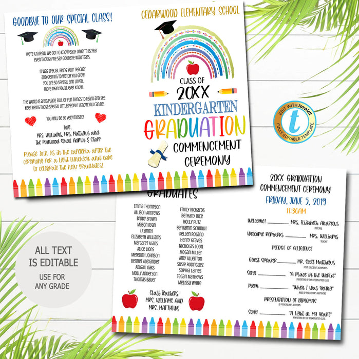 Rainbow Graduation Set, Invitation Printable Kindergarten Preschool Pre K Any Age Graduate School Ceremony Program Diploma EDITABLE TEMPLATE